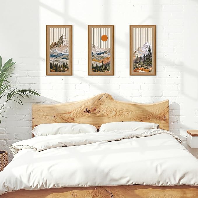 Celestdeco Boho Abstract Mountain Wood Wall Art Modern Geometric Artwork Bohemian Sun Forest Wood Wall Decor Mountain Tree Hanging Decor for Living Room Bedroom 7.9 x15.8 Inch