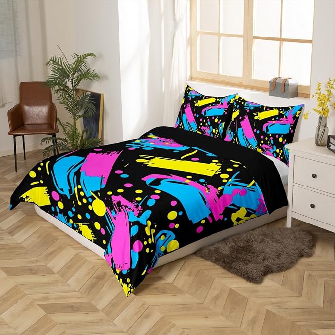 Memphis Style Duvet Cover Full Abstract Colorful Design With Dots Funky Bedding Set for Kids Child Girls Vintage Eighties Comforter Cover Memphis Fashion Bed Sets 80'S Style Retro 1980S Home Decor