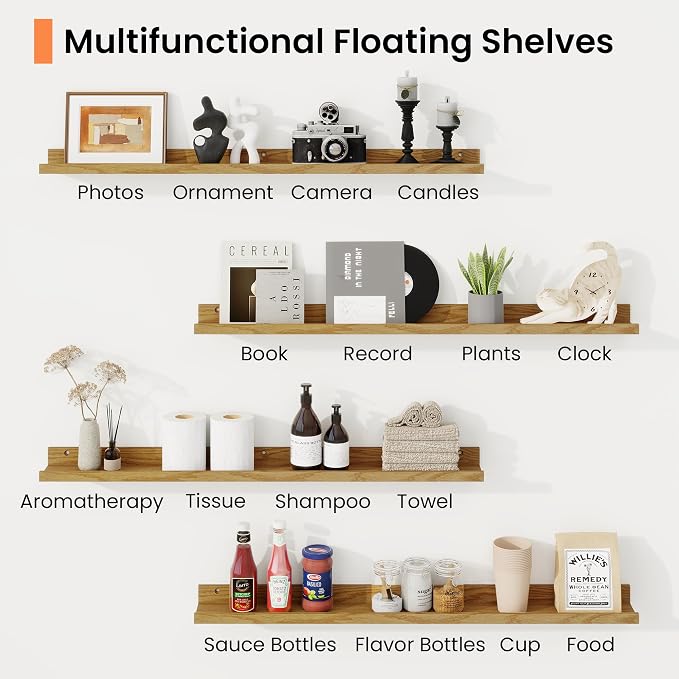 RICHFOCUS Picture Ledge Shelf, 72 inch Floating Shelves Set of 2, Wood Wall Shelves with Lip, Wall Decor Storage for Bedroom Living Room Bathroom Kitchen Nursery Photo Picture, Oak