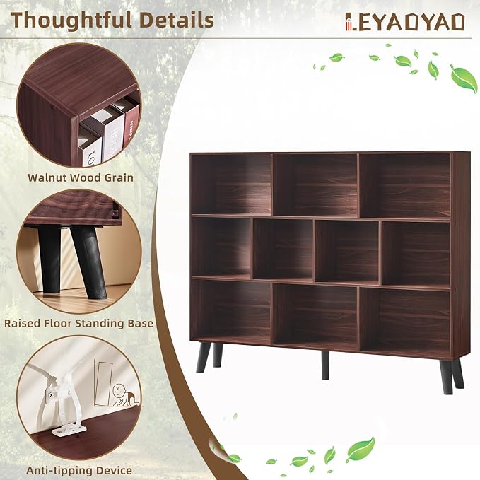 LEYAOYAO 10 Cube Bookshelf, 3 Tier Vintage 55" Wide Bookcase with Legs, Mid-Century Wood Bookshelves Storage, Walnut Large Book Case, Freestanding Organizer Display Shelf for Living Room, Office