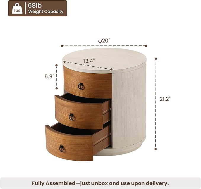 HOMPUS Round 3 Drawer Nightstand Set 2, Farmhouse Chest of Drawers, No Assemble Required, Modern Nightstand Set of 2, Wood Bedside End Tables w Drawers for Bedroom, Brown + White