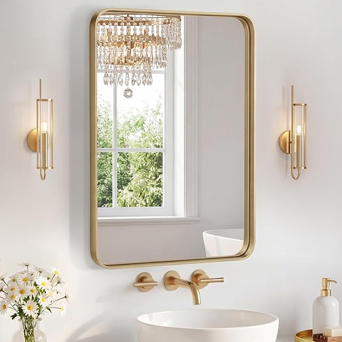 NEWBULIG 22X30 Inch Bathroom Mirror for Over Sink, Wall Vanity Mirrors Tempered Glass, Anti-Rust Metal Framed Rounded Rectangle, Hangs Horizontally or Vertically, Farmhouse Home Decor, Gold