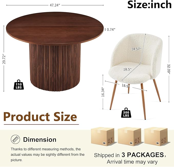 5 Piece 47-inch Round Dining Table Set for 4, Rustic Walnut Dinner Table with Upholstered Sherpa Dining Room Chairs Set, Engineered Wood Kitchen Table with Wood Strips Base