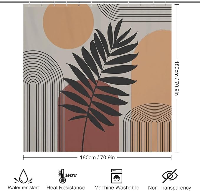 Boho Mid Century Shower Curtain, Sun Brown Leaves Rainbow Color Blocks Modern Artistic Waterproof Shower Curtains for Bathroom Decor 12 Pack Hooks 72x72in (183x183cm)