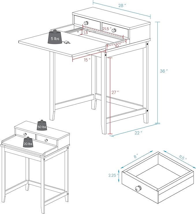 Solid Wood Home Office Computer Desk with Drawers, Pull-Out Tray, and Concealed Compartment