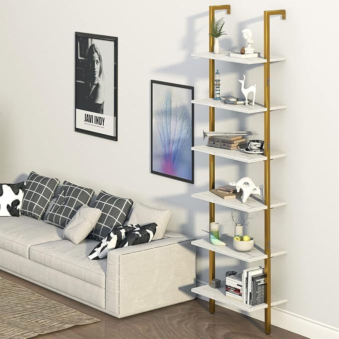 Wolawu Ladder Shelf 2PCS Wall Mounted Bookshelf 6 Tiers Marble White Modern Bookshelf Open Tall Wall Mount Bookcase Standing Leaning Wall Shelves Industrial Decorative Living Room Bed Room