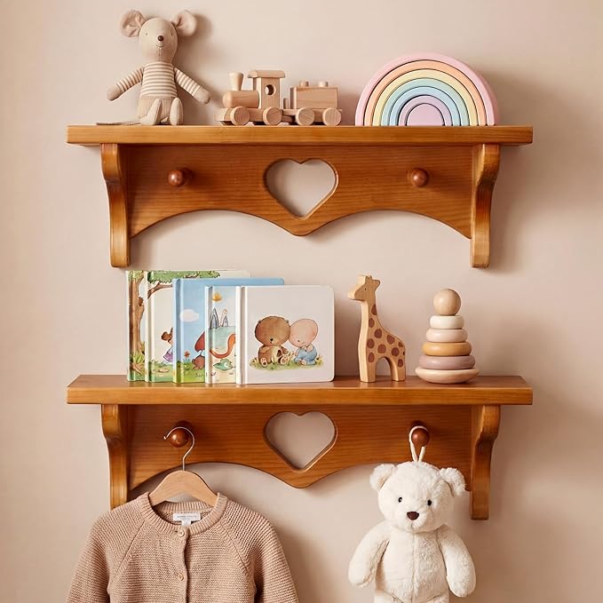 Novabright 2 Pcs Wooden Heart Shelves 16" Vintage Floating Shelf with Hooks Natural Walnut Pine Wood Coat Rack Wall Mounted Hanging Shelf for Living Room Bedroom Bathroom Home Decor