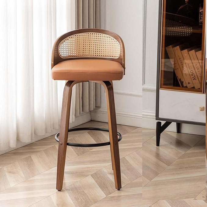 26" Swivel Rattan Bar Stools,Mid-Century Modern Orange Leather Upholstered Counter Height Stools,Kitchen Island Barstools with Rattan Low Backrest,Walnut Wood Finish Bar Chair,1PCS