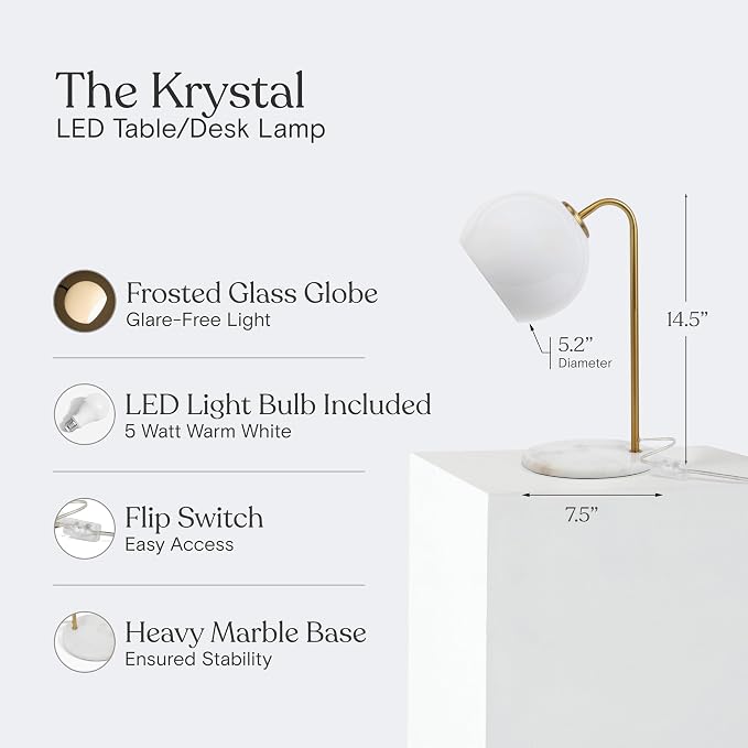 Brightech Krystal LED Table Lamp, Frosted Glass Globe Arcing Living Room Lamp, Mid-Century Modern Standing Lamp for Living Rooms, Boho Rustic Indoor Table Lamp for Bedrooms & Offices - Brass