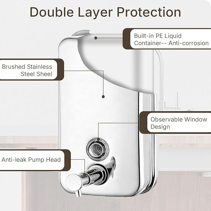 Stainless Steel Soap Dispenser Wall Mounted, 27oz Commercial Hand Soap Dsipenser, Manual Anti-Leak Pump Liquid Soap Dispenser, Rust-Proof Lining Hand Sanitizer Lotion Dispenser for Bathroom