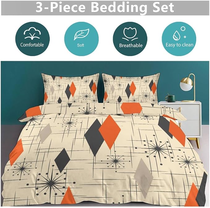 Mid Century Bedding Set,Retro Starbursts Abstract Orange Black Geometric Minimalist 1950s 60s Pattern Comforter Set with Pillowcase for Bedroom Bed Decor,Queen 90"x90"