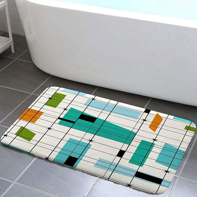 DYNH Mid Century Kitchen Rug Bath Rug, Aesthetic Abstract Geometric Mid Century Bath Mat Rug, Teal Retro Grid Starbursts 1950S 1960S MCM Modern Minimalist Floor Rug mat for Kitchen/Bathroom,17X29