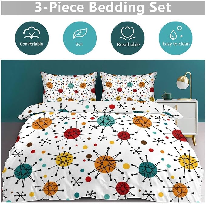Mid Century Bedding Set,Modern Geometric Atomic Abstract Iconic Pattern 1950s 1960s Retro Style Comforter Set with Pillowcase for Bedroom Bed Decor,King 102"x90"