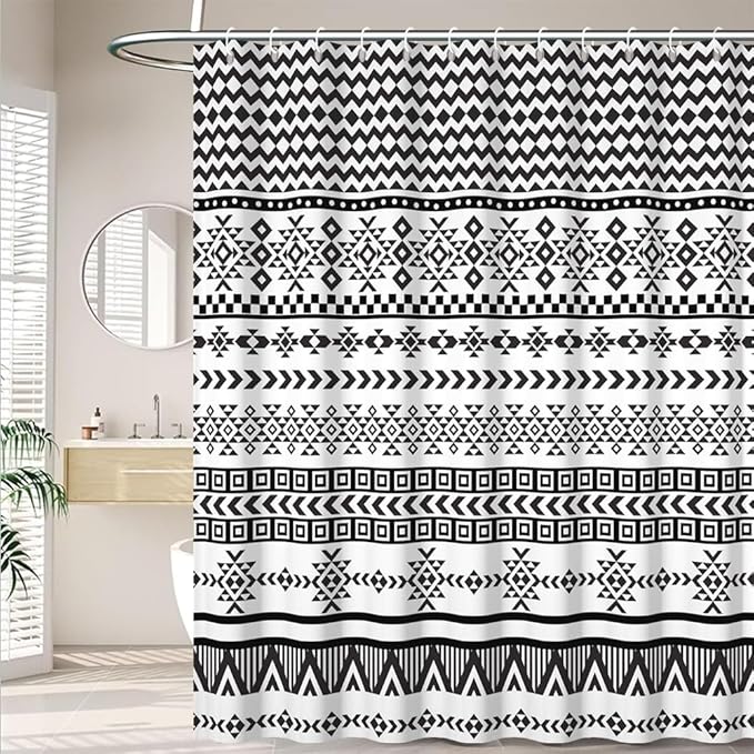 Bohemian Ethnic Shower Curtain for Bathroom Black and White Geometric Pattern Shower Curtains Modern Abstract Minimalist Bathroom Decor Set Washable Waterproof Polyester Fabric with Hooks 72x96 Inch
