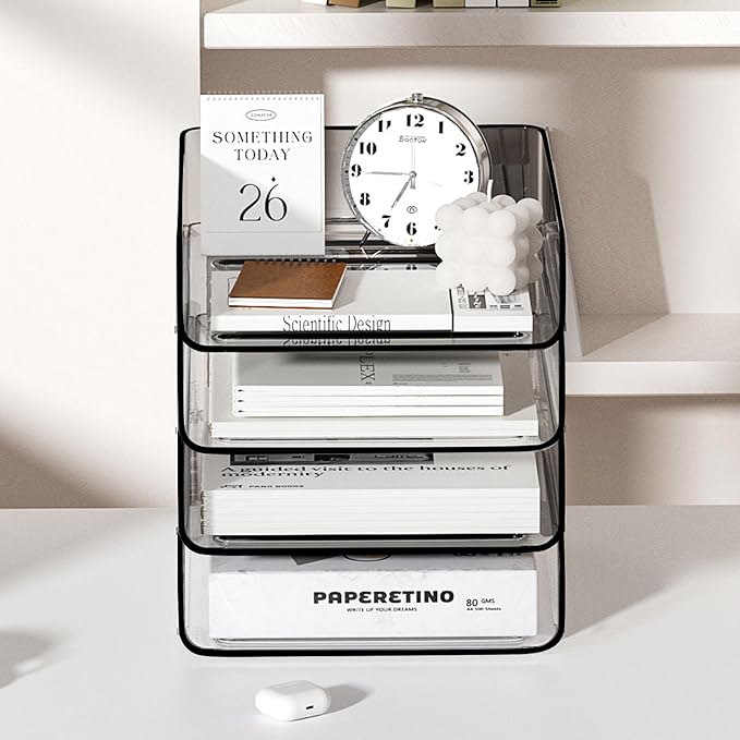 FANXIYQ 4-Tier Acrylic Paper Tray Organizer, Clear & Brown Stackable Desk Organizer for Documents, Files, A4 Paper, Mail, Books & Office Supplies, Office Classroom Home