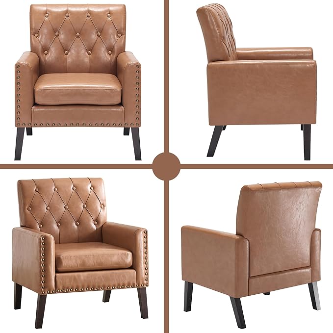 Mid Century Modern Accent Chair, Light Brown Faux Leather Office Chair for Reception - Tufted Leather Club Chair for Living Room, Bedroom, or Waiting Room