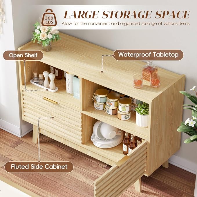 Fluted Buffet Sideboard Oak, Modern Storage Cabinet w/Cord Cutout, Accent Cabinet with Solid Wood Legs, Console Table w/Swing Doors & Open Shelves, Credenza for Living Room, Hallway, Entryway
