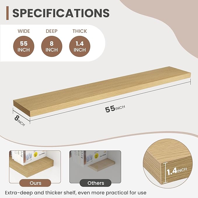 55 Inch Floating Shelves, 8 Inch Deep Floating Shelves for Wall, Hanging Shelf with Invisible Brackets, Deep Shelves for Bathroom, Bedroom, Living Room, Oak, Set of 2