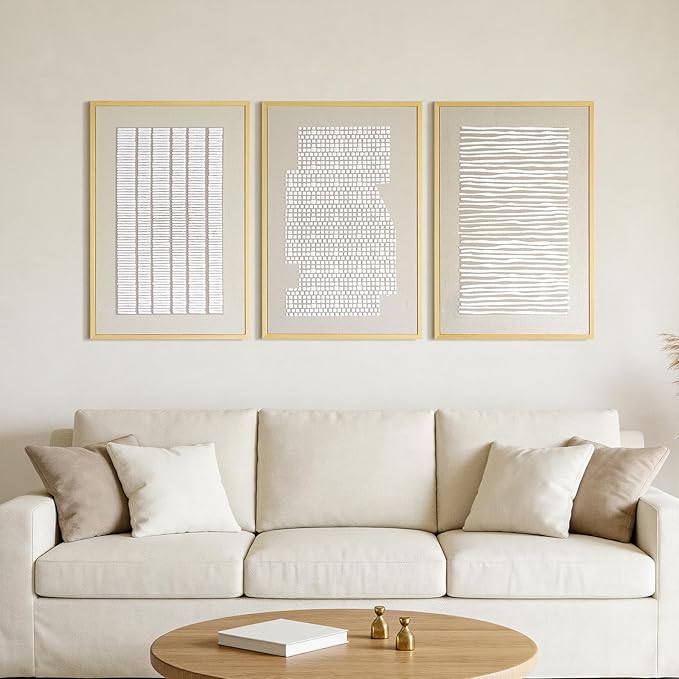 Thalasse 3D Textured Abstract Wall Art for Bedroom, 3 Piece Modern Minimalist Line Canvas Artwork for Walls, Beige White Framed Pictures with Solid Wood for Living Room Decor, 16x24 In