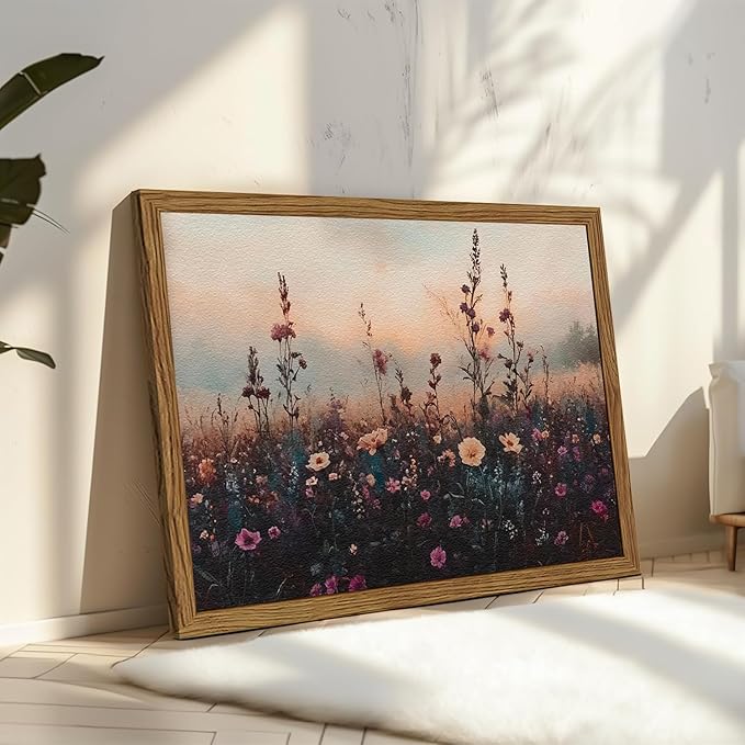 Vintage Flower Wall Art, Dark Floral Wall Decor Painting, Framed 3D Textured Hand Drawn Sandstone Farmhouse Landscape Pictures Artwork for Living Room Bedroom 12x16 inch Wood Frame