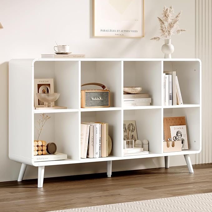 EXPERLAM White 8 Cube Storage Organizer with Legs and Rounded Edges, Mid Century Cube Bookshelf, Low Horizontal Cube Shelf Bookcase for Living Room, Bedroom, Entryway