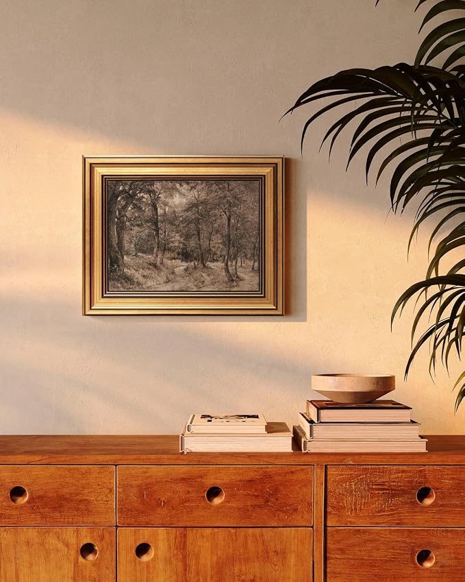 HUARCEY Gold Framed Vintage Wall Art for Living Room Nature Painting Prints Shelf Decor for Kitchen Aesthetic Bedroom Wall Art Gifts Charcoal Landscape Home Decor Farmhouse Path Forest Canvas Artwork