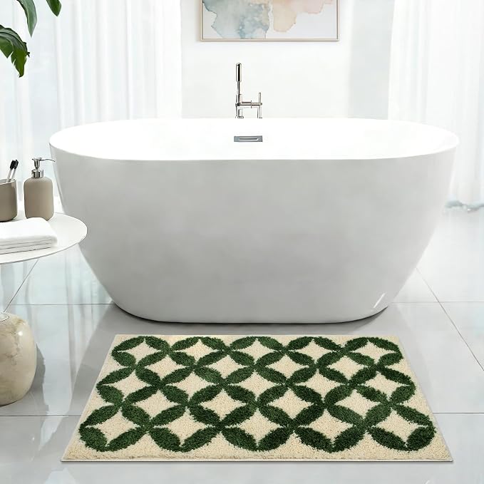 Civkor Green and Cream Bathroom Rug Non Slip Washable, Retro Bath Mat for Bathroom with TPR Backing, Quick Dry Fluffy Microfiber Piles, Super Water Absorbent Thin Bath Rug Fit Under Door, 31x20Inch