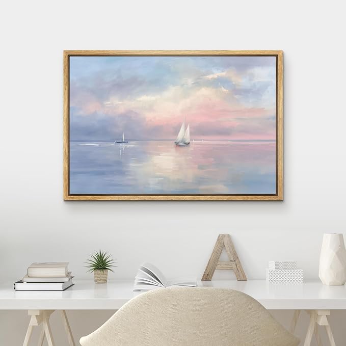 MUDECOR Framed Canvas Print Wall Art Pastel Sailboats on Calm Sea Horizon Illustrations Minimalism Decorative Bohemian Zen for Living Room, Bedroom, Office - 16"x24" NATURAL