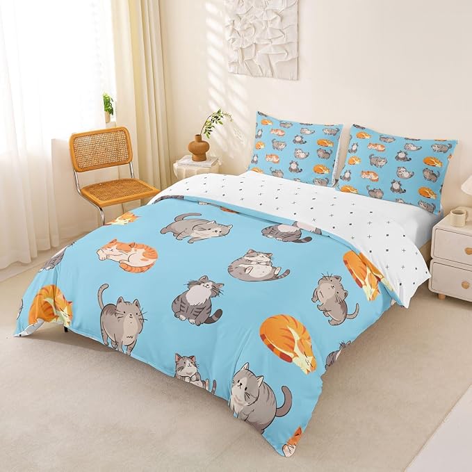 Erosebridal Cats Bedding Set Queen Cute Kitten Duvet Cover Cartoon Pets Animals Comforter Cover for Kids Girls Boys Adults Funny Cat Bed Set Blue