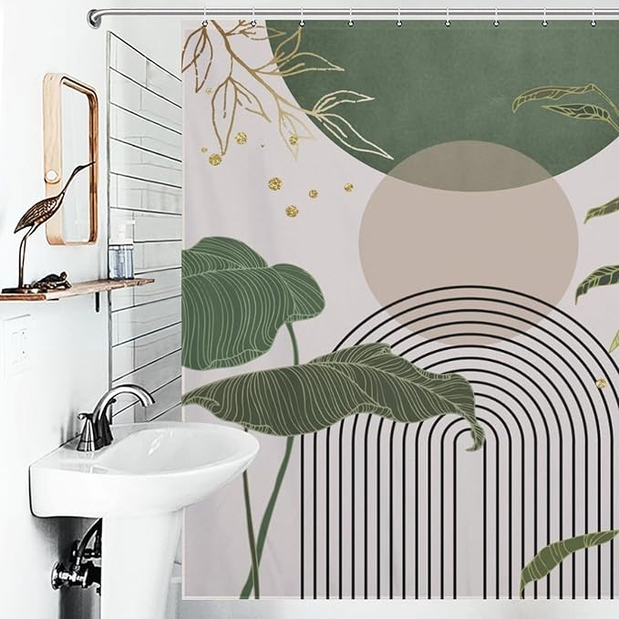 Boho Sage Green Shower Curtain，Mid Century Abstract Tropical Plant Minimalist Modern Geometric Palm Leaf Arch Waterproof Fabric Bathroom Shower Curtain Set with Hooks,72x78Inch