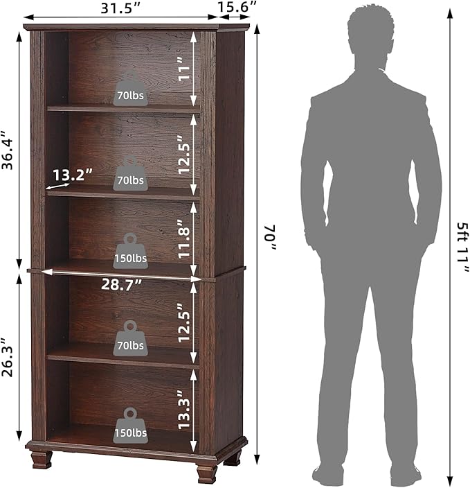 SAVOR LIFE 70" Tall Walnut Bookshelf,5 Tier Wooden Book Shelf with Adjustable Shelves & Wood Legs,Free Standing Farmhouse Bookcase with Open Display Storage,Vintage Bookshelves for Classroom, 2PCS