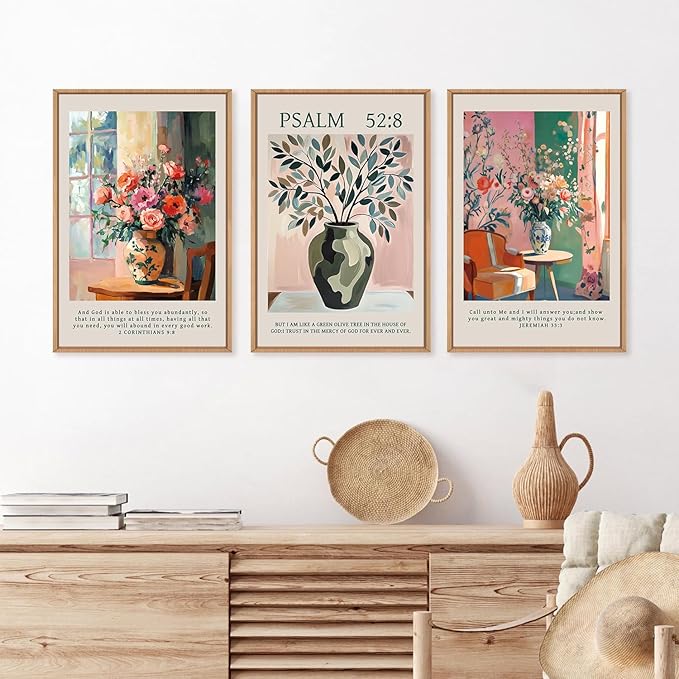 FWIEXA Christian Bible Verse Canvas Wall Art Set, Boho Scripture Floral Wall Decor, Colorful Jesus Religious Painting Artwork, Modern Flower Shop Prints, 3 Piece 16"x24" Art for Living Room, Bedroom, Women, Rustic Farmhouse