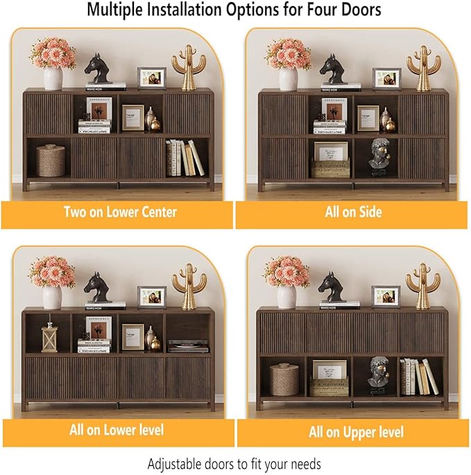 FATORRI 8 Cube Storage Organizer Bookshelf with Storage, Horizontal Bookcase with 4 Doors, Long Wooden Book Shelf for Living Room, Home Office (Dark Walnut)