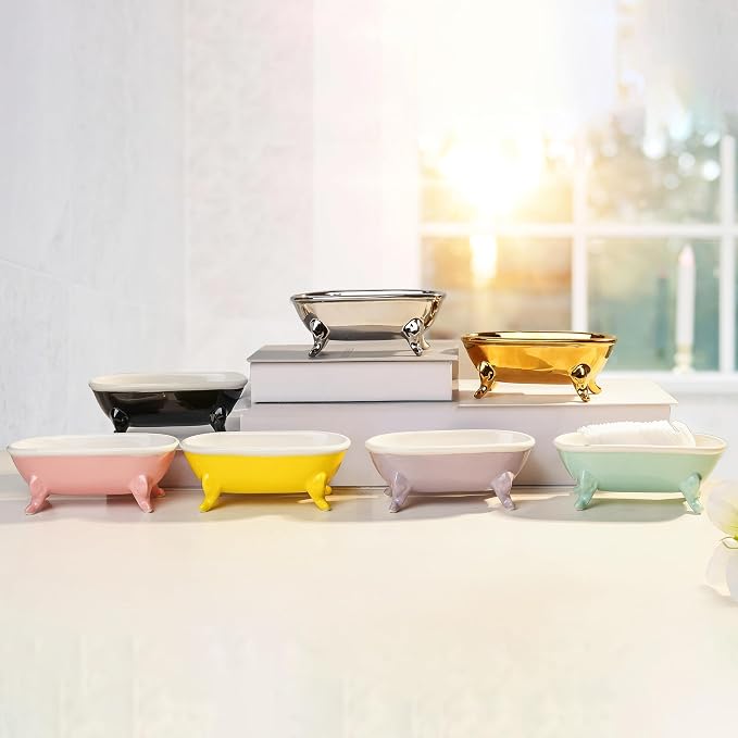 6.7" Ceramic Mini Clawfoot Bathtub Bar Soap Dish, Decorative Bar Soap Holder, Soap Tray Sponge Holder for Shower, Bathroom & Kitchen Sink (Yellow)