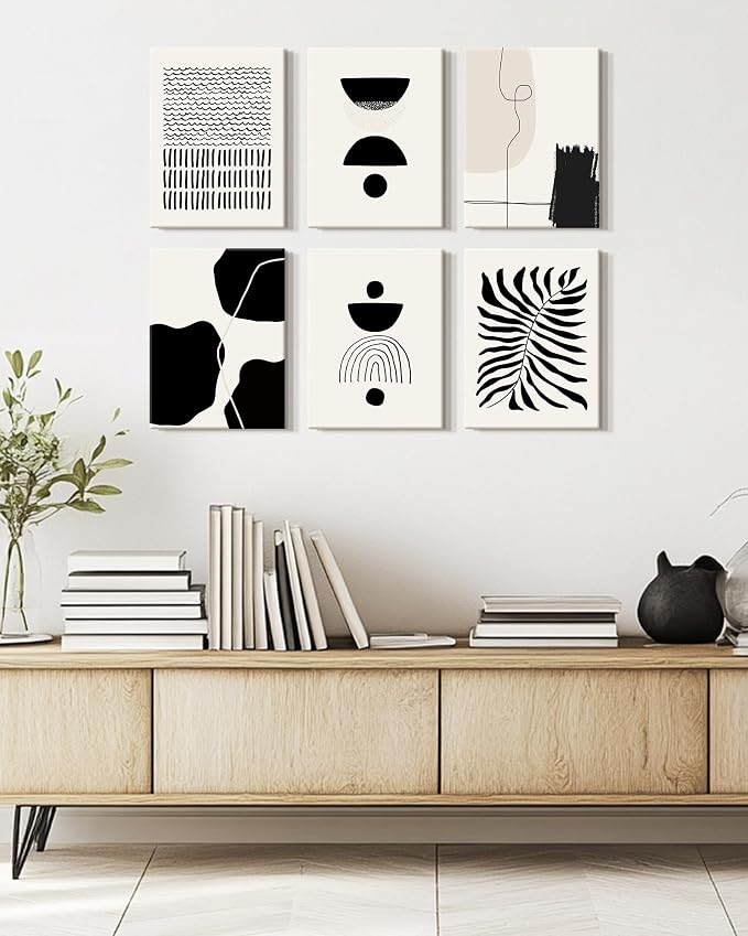 KUVIOKE Black Abstract Framed Wall Art Boho Room Decor Set of 6 Minimalist Geometric Line Art Bohemian Mid Century Modern Prints for Bedroom Living Room 12x16in (Framed)
