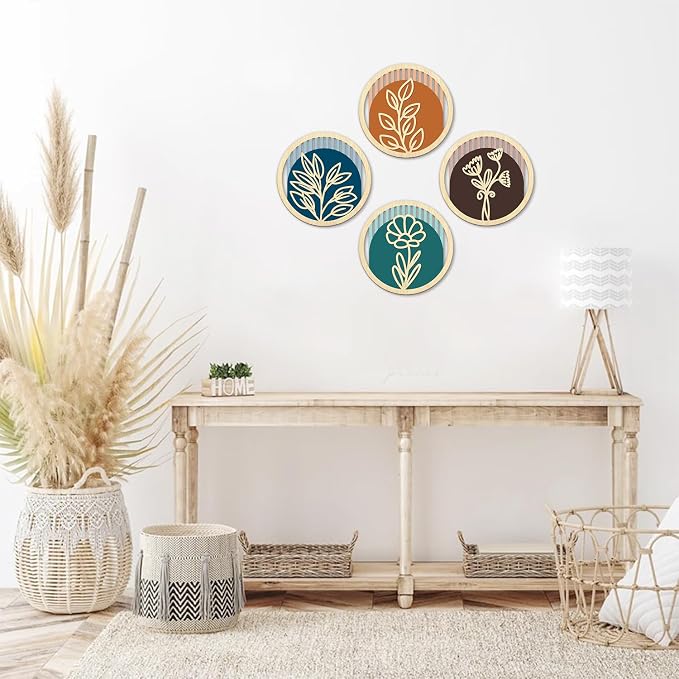 TOARTi 4Pcs Wooden Boho Floral Wall Art Set, Modern Minimalist Flower Wooden Hanging Sign,Bohemian Plants Artwork,Farmhouse Vintage Botanical Wall Decor for Living Room Bedroom Office Bathroom