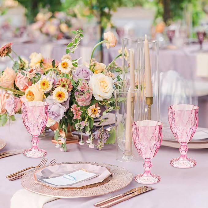 24 Pack Vintage Wine Glasses, Plastic Reusable 12 Ounce Colored Water Goblets, Unique Embossed Pattern Unbreakable Stemmed Wine Glasses High Clear Wedding Party Bar Drinking Cups Pink