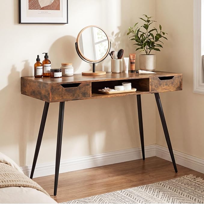 Tangkula Mid Century Modern Computer Desk, Writing Desk with 2 Drawers & Open Center Storage, Small Wooden Study Table for Home Office & Compact Spaces (Rustic Brown)
