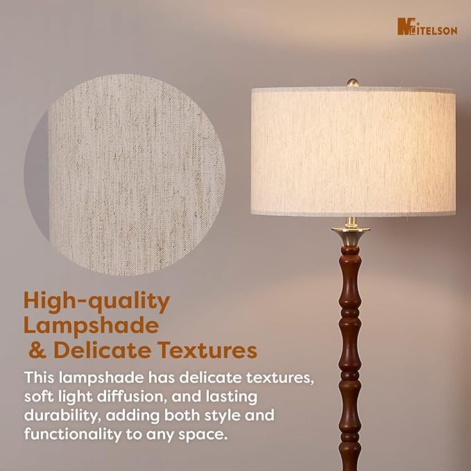 LED Floor Lamp, Mid Century Lamp with Drum Shade, Great Living Room Décor, Rustic Retro Tall Lamp, Modern Standing Lamp for Bedroom and Office, Adjustable Lighting, Walnut Wood Finish