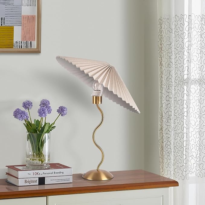 Ziqqeelam Gold Pleated Small Table Lamp, Brass Modern Bedside Table Lamp for Bedroom, Mini Pleated Lamp Shape, MCM Table Lamp Bedroom Bow Lamps for Nightstand