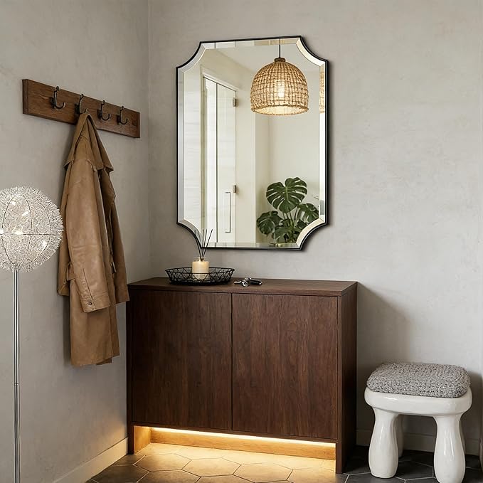POZINO Rectangle Beveled Mirror, 22"x30" Scalloped Bathroom Mirror for Over Sink, Modern Irregular Shaped Mirrors, Wavy Vanity Wall Mirrors in Premium Frame, Wall Mount Hangs Horizontal Or Vertical