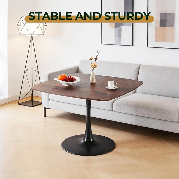 41.12" Walnut Tulip Table, Square Dining Table for 6, Mid Century Modern Bistro Table with Tulip Shape & Metal Pedestal Base