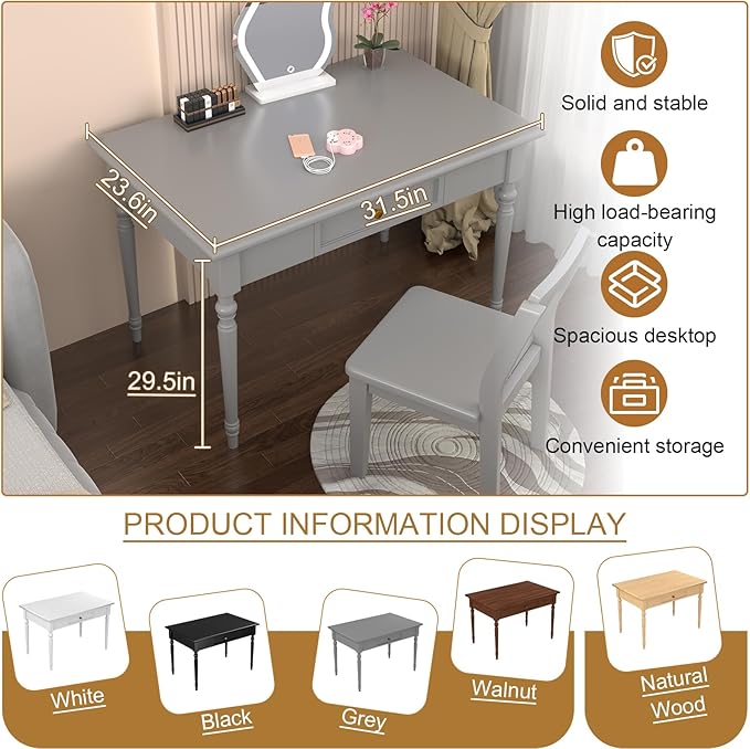 Solid Wood French Country Desk,Writing Desk with Storage Drawers,Farmhouse Computer Table Makeup Table Modern Simple Style,for Home Office Living Room Study Workspace Bedroom (Grey, 31.5IN)