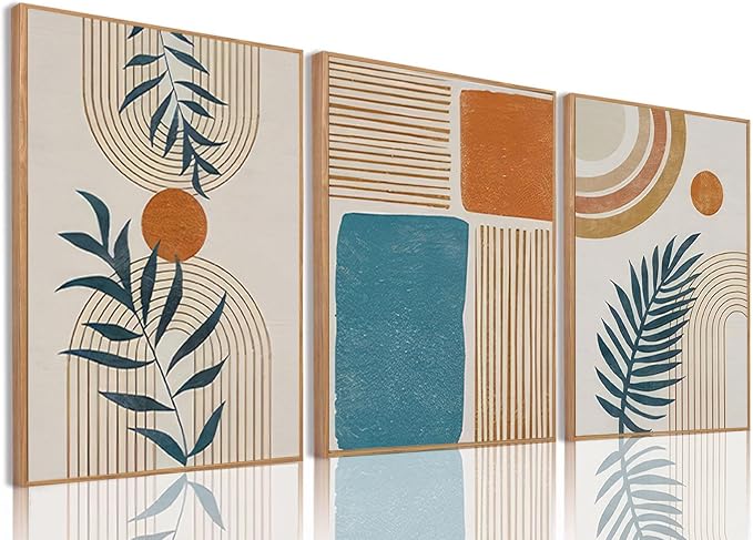 Bwodke Framed Boho Canvas Wall Art Mid Century Modern Prints Set of 3 Neutral Geometric Line Leaf Paintings Decor Minimalist Abstract Pictures Bedroom Living Room Bathroom