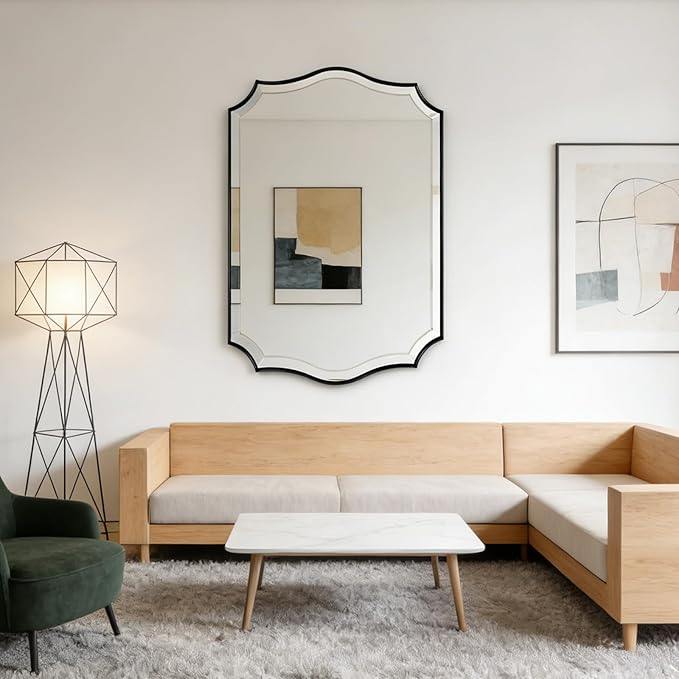 POZINO Scalloped Beveled Mirror, 30"x48" Modern Rectangle Mirrors for Over Sink, Large Wavy Decorative Mirrors, Irregular Shaped Mirror for Vanity Bathroom Living Room Bedroom Fireplace Entryway