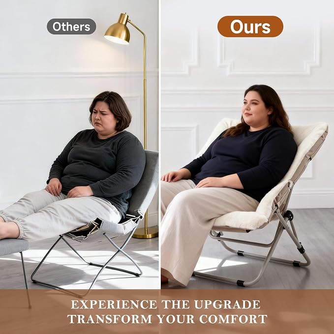 Furlide Saucer Chair, Comfy Bedroom Chairs, Oversized Folding Faux Fur Chair, Foldable Metal Frame Chair for Living Room, Balcony, Patio, Study, Playroom (Beige)