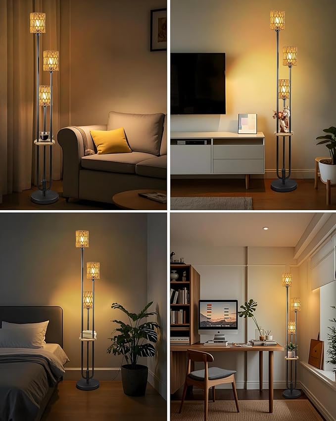 63IN Dimmable Floor Lamp with Shelf, Black Rattan Tall Standing Lamps Candle Holder Style, 3000K Warmwhite Mid Century Modern Floor Lamp for Living Room (Bulbs Included)