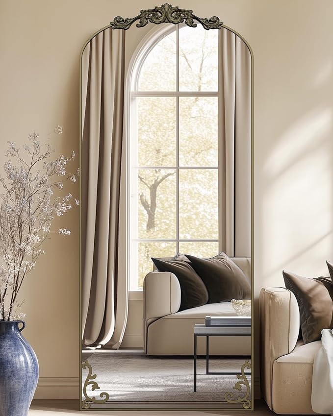 Antok Arched Full Length Mirror, 71"x28" Floor Mirror with Carved, Full Body Mirrors for HomeDecor, Standing/Halling Large Wall Mirror for Bedroom, Living Room, Cloakroom, Bronze, Luxury Style