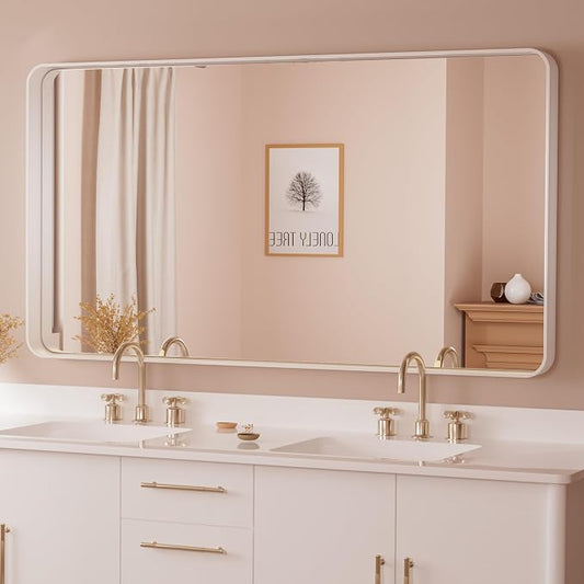TETOTE 55 x 30 Inch Bathroom Mirror, White Modern Metal Frame Rectangle Modern Farmhouse Wall Mounted Vanity Mirror with Sandy Textured Surface(Horizontal/Vertical)