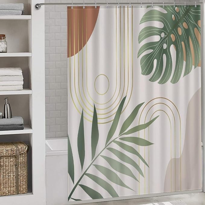 Boho Mid Century Shower Curtain,Modern Abstract Plant Botanical Palm Leaf Minimalist Bathroom Curtain Polyester Waterproof Fabric Decor 66x72in（168x183cm）